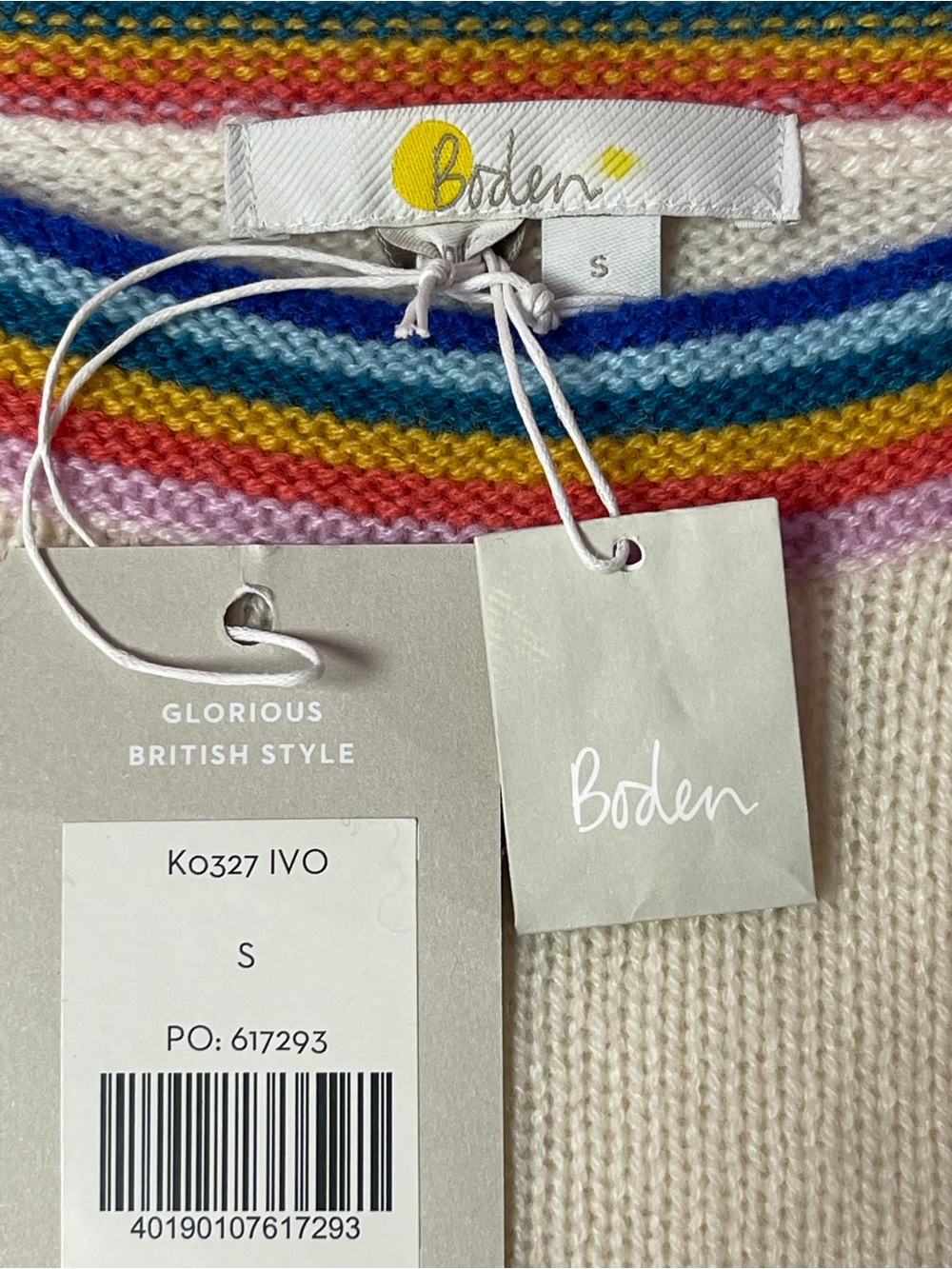 Boden Women’s 100% Cashmere Ivory Rainbow Trim Sweater Size S NWT - Picture 9 of 10